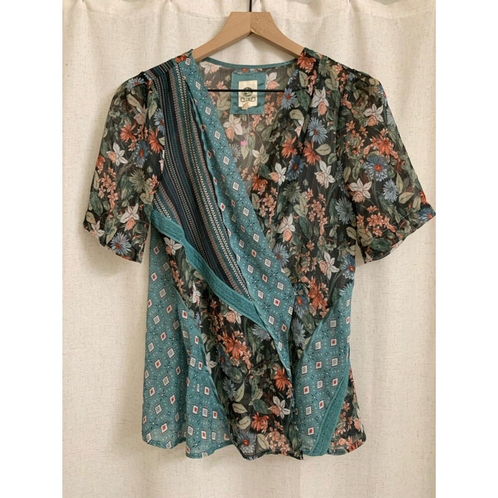 Anthropology Tiny Lovely Floral Patchwork Teal Short Sleeve Wrap Top Small Sheer - Picture 1 of 9